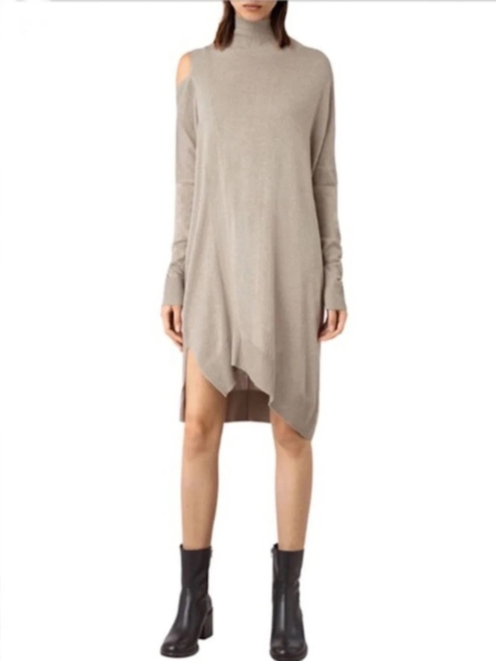 AllSaints Cecily Asymmetric Hem Cold Shoulder Sweater Dress Minimalist Fall S